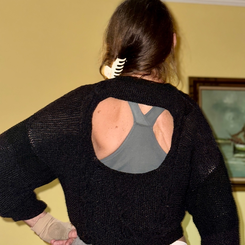 Hand Knit Crochet Black Sweater Top With Back Cutout Silky Cotton Yarn Os